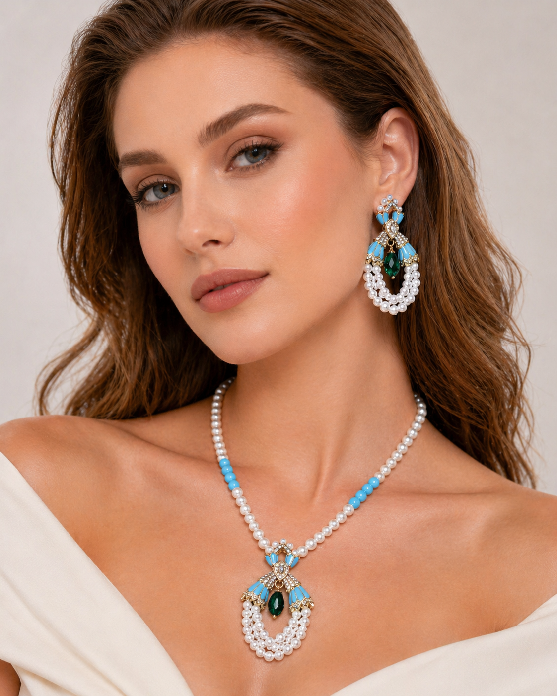 Blue and Pearl Garland Statement Earrings