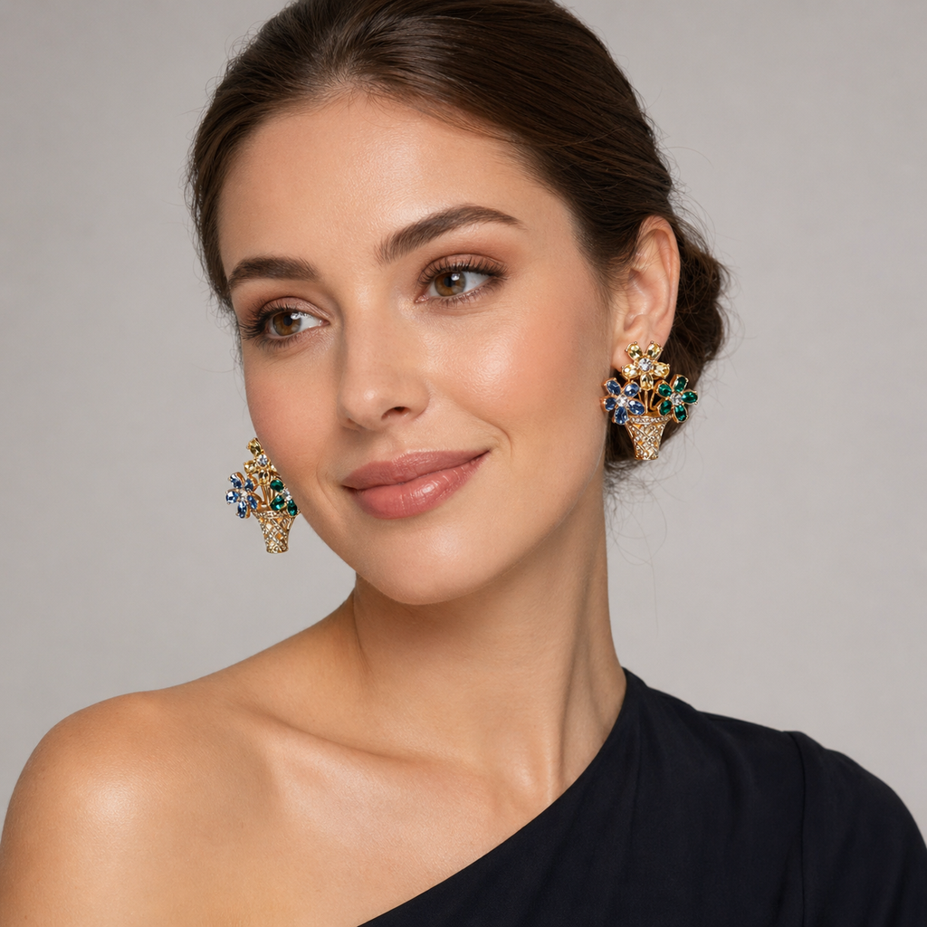 Ceroundmi floral basket earrings, vintage whimsical style detail shot – Ceroundmi