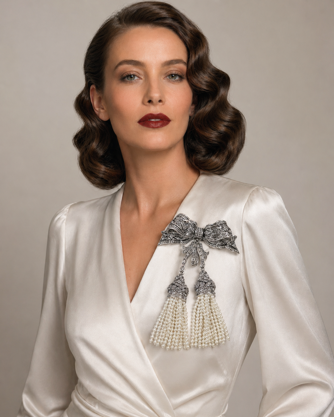 Crystal Bow Pearl Tassel Brooch
