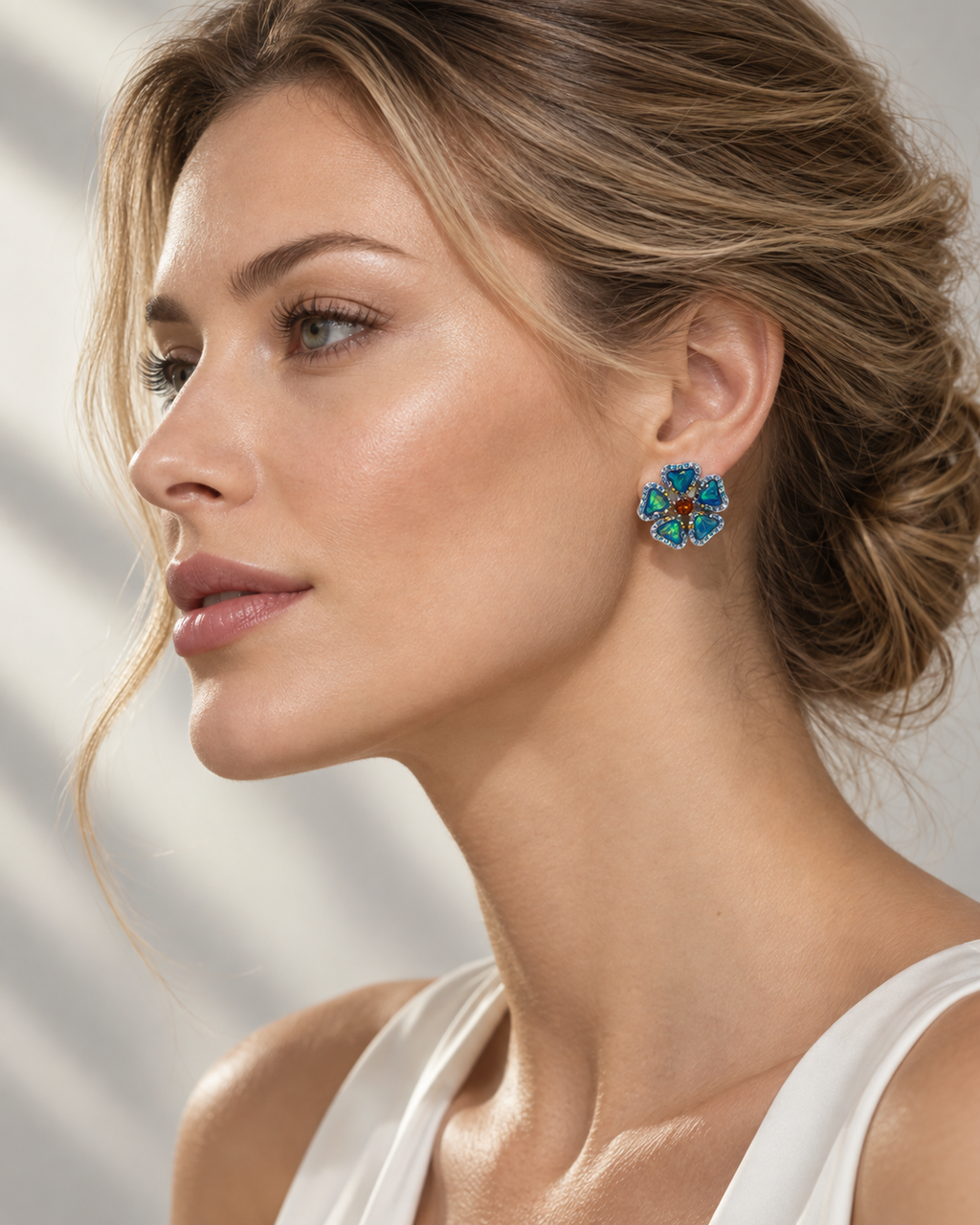 Blue Opal-Effect Floral Stud Earrings