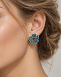 Blue Opal-Effect Floral Stud Earrings