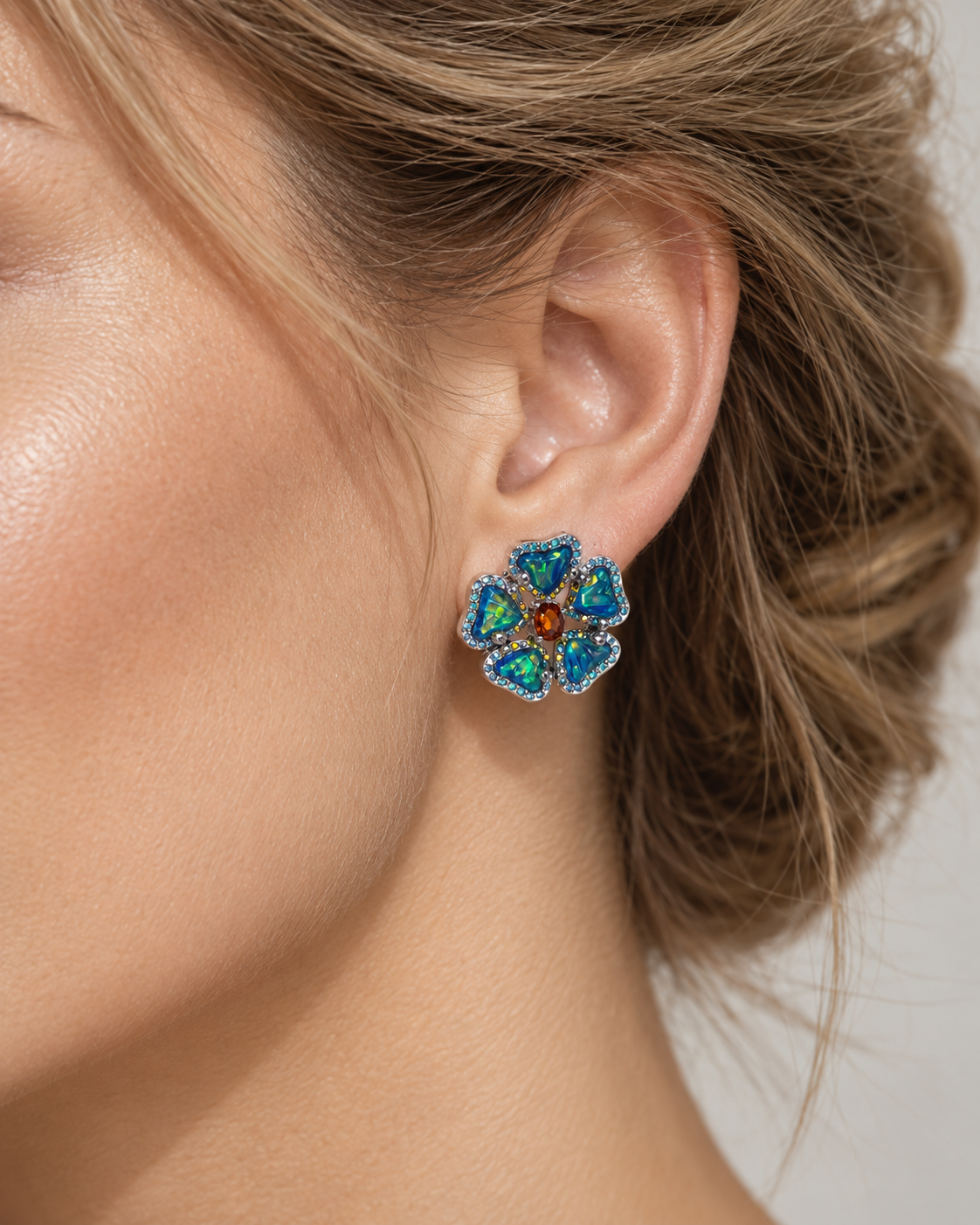 Blue Opal-Effect Floral Stud Earrings