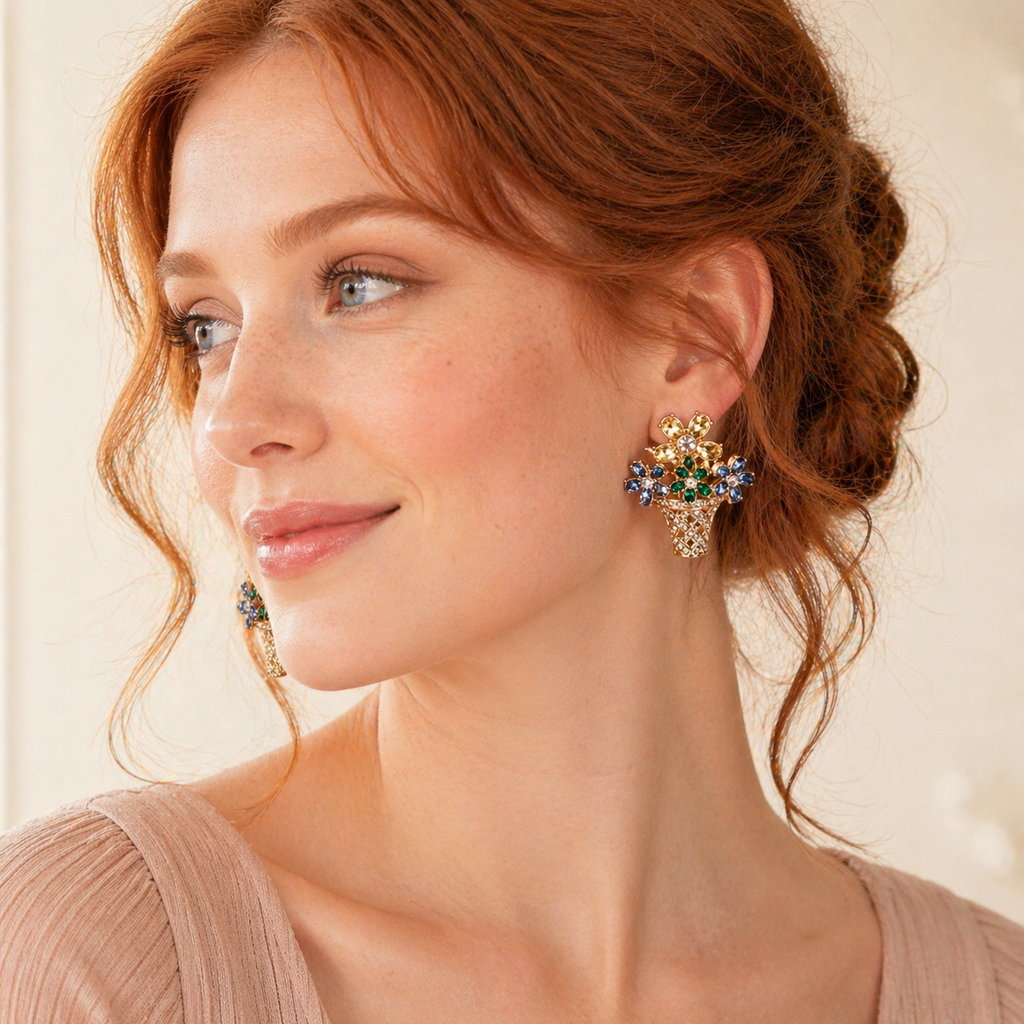 Floral basket statement earrings, front view showing blue, green and yellow stone clusters – Ceroundmi