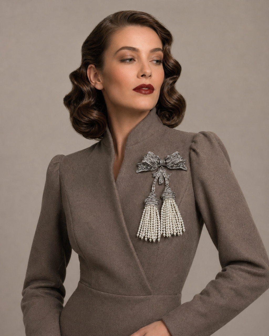 Crystal Bow Pearl Tassel Brooch
