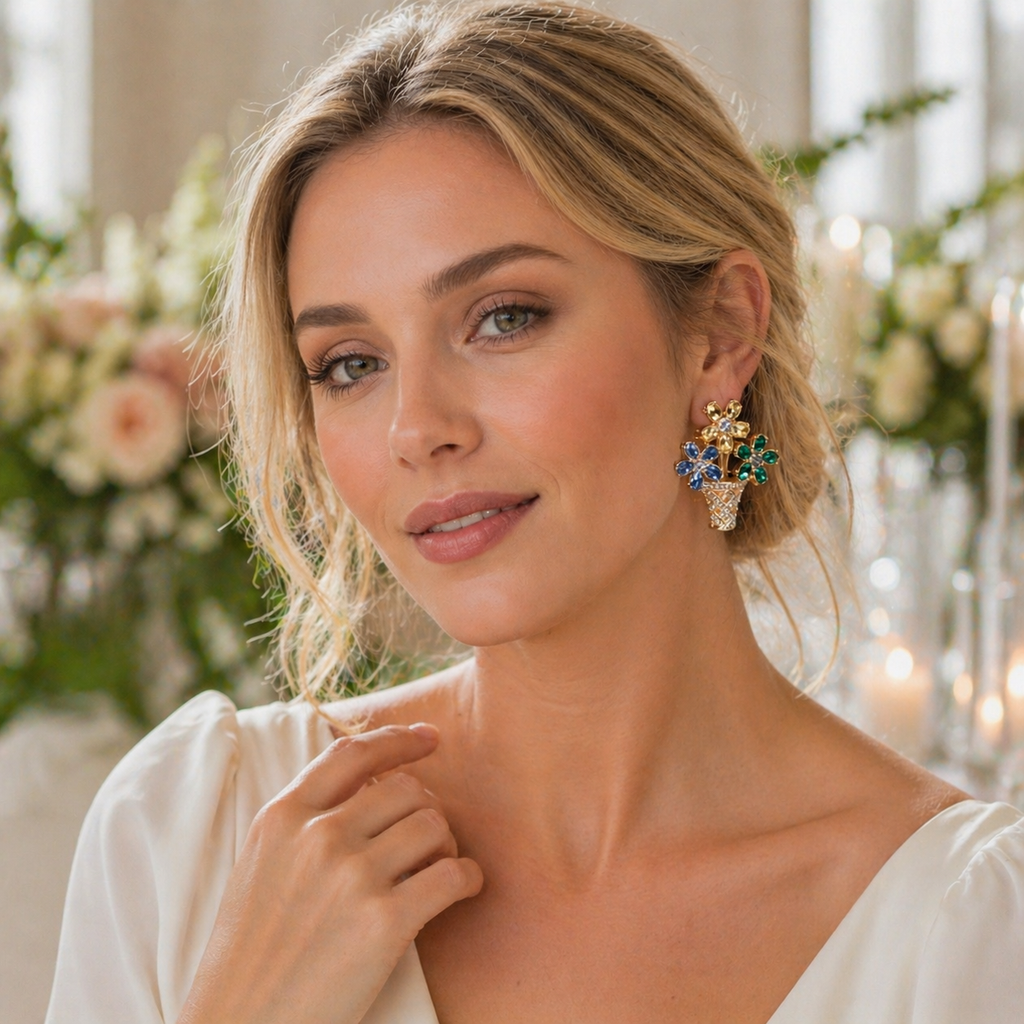 Floral basket statement earrings, lifestyle flat lay – Ceroundmi
