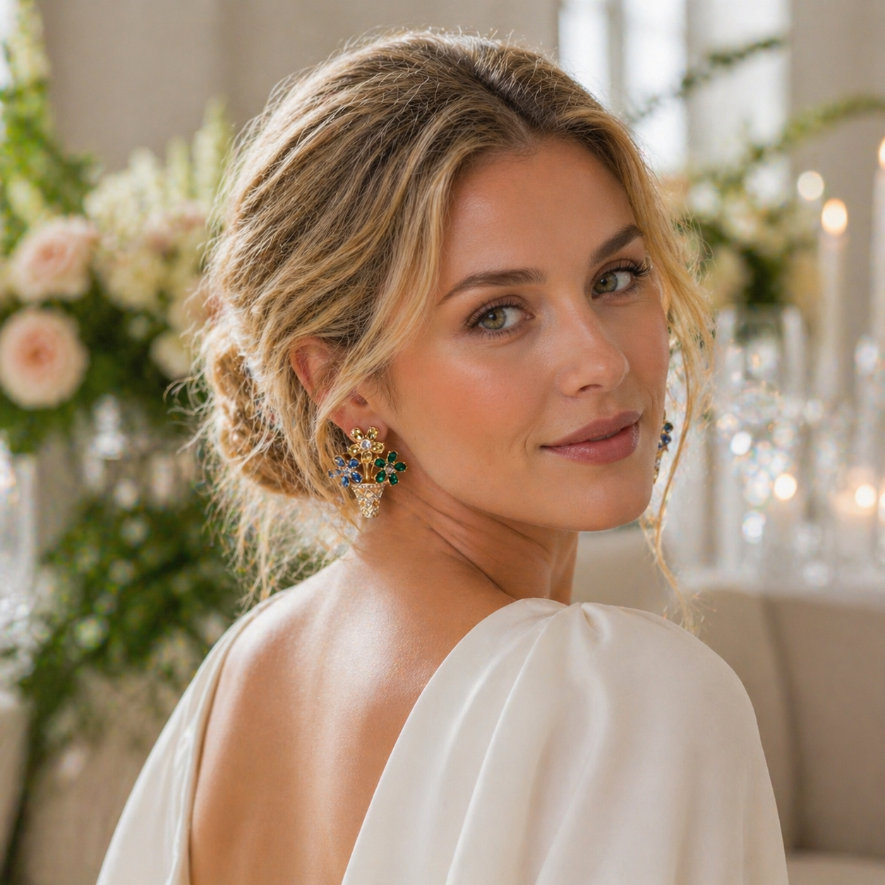 Floral basket drop earrings on neutral background, full silhouette – Ceroundmi