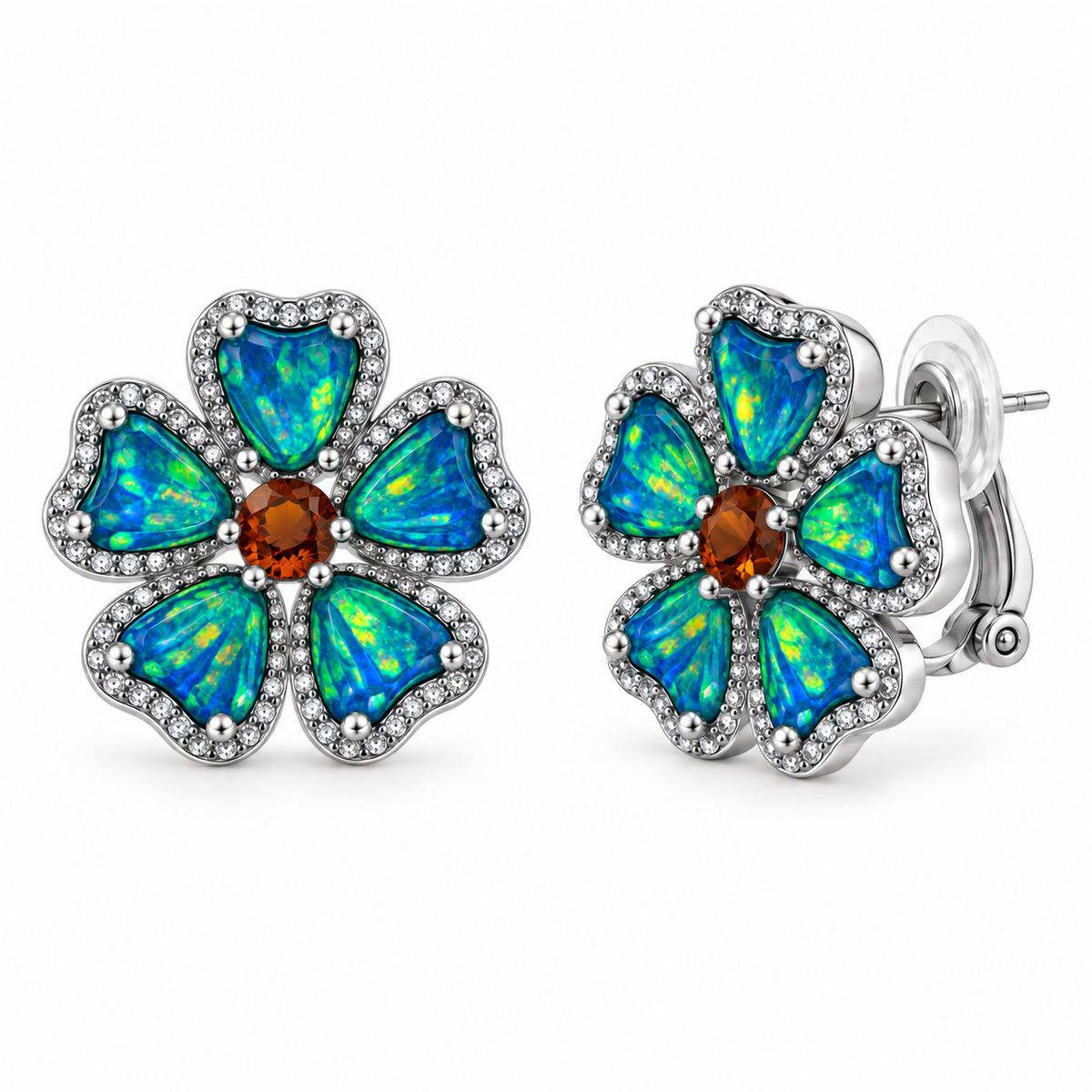 Blue Opal-Effect Floral Stud Earrings