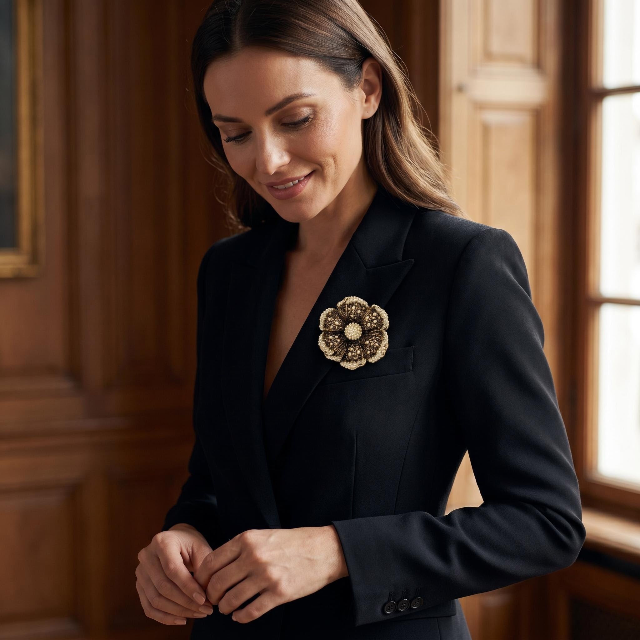 Ceroundmi London pearl flower brooch styled on a vintage leather handbag and pinned at the waist of a navy dress, showing versatile wear
