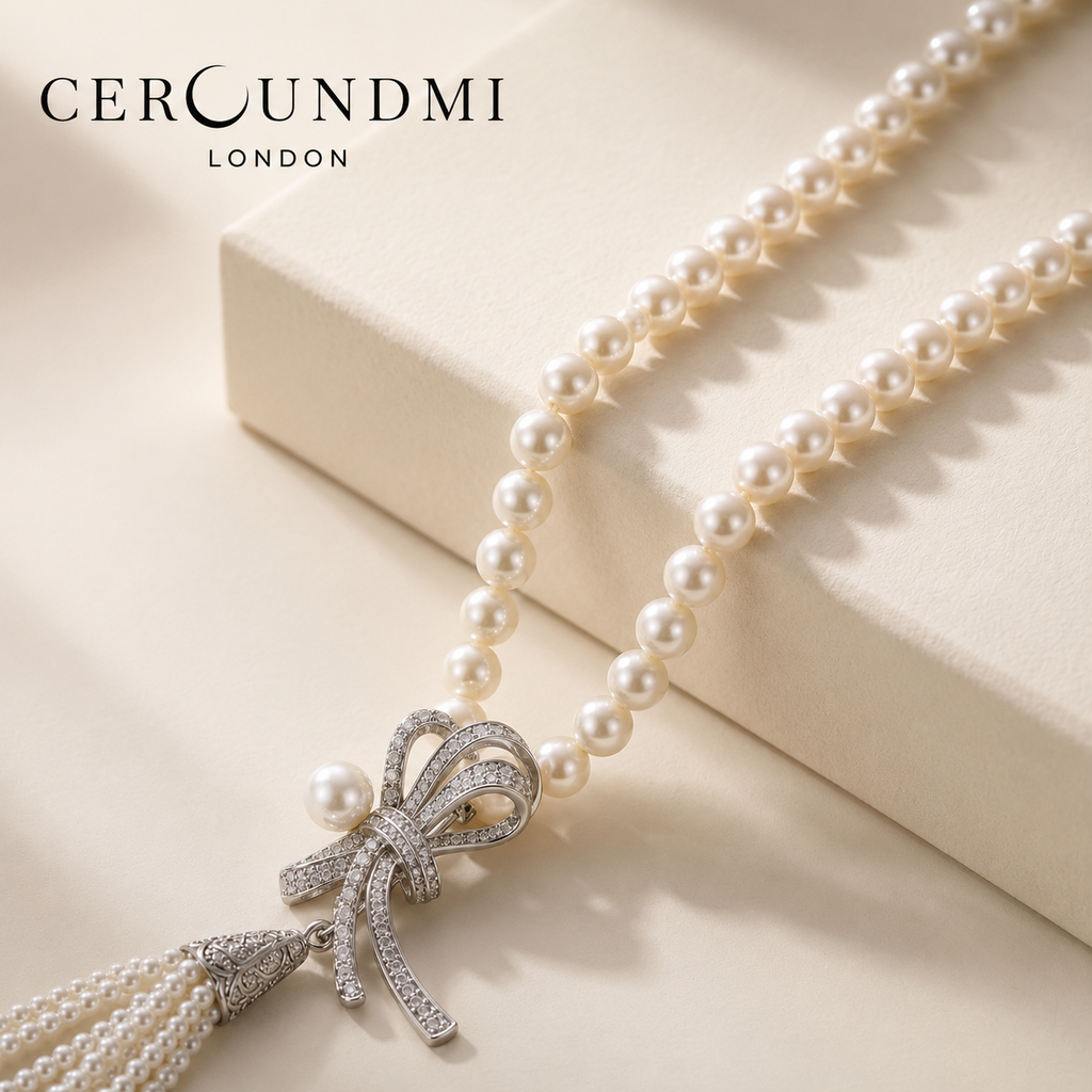 Ceroundmi London pearl necklace with crystal bow pendant and pearl tassel, styled on ivory display block