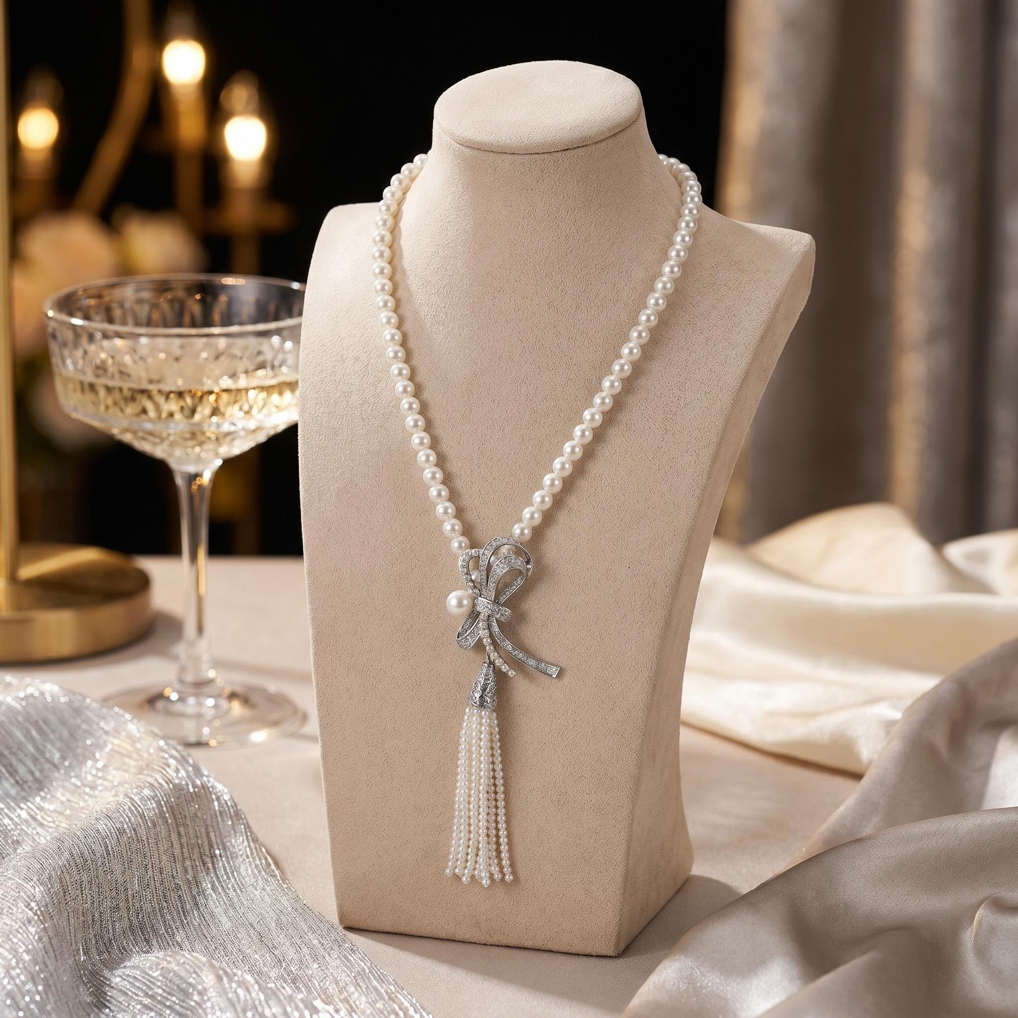 Ceroundmi London freshwater pearl long necklace with pavé crystal bow and pearl tassel pendant, displayed on jewellery bust with champagne glass in background