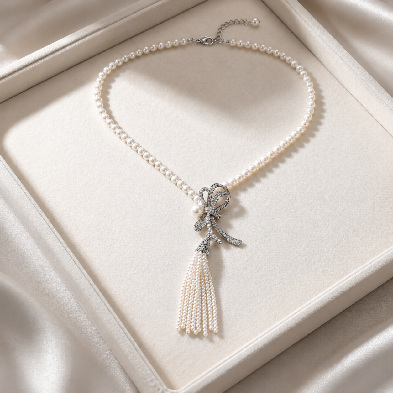 Freshwater pearl necklace with crystal bow pendant and pearl tassel, laid flat in ivory jewellery tray