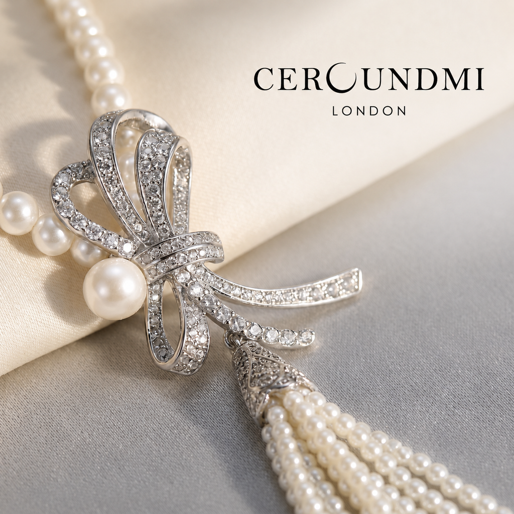Close-up of pavé crystal bow pendant with freshwater pearl centre on pearl necklace, Ceroundmi London