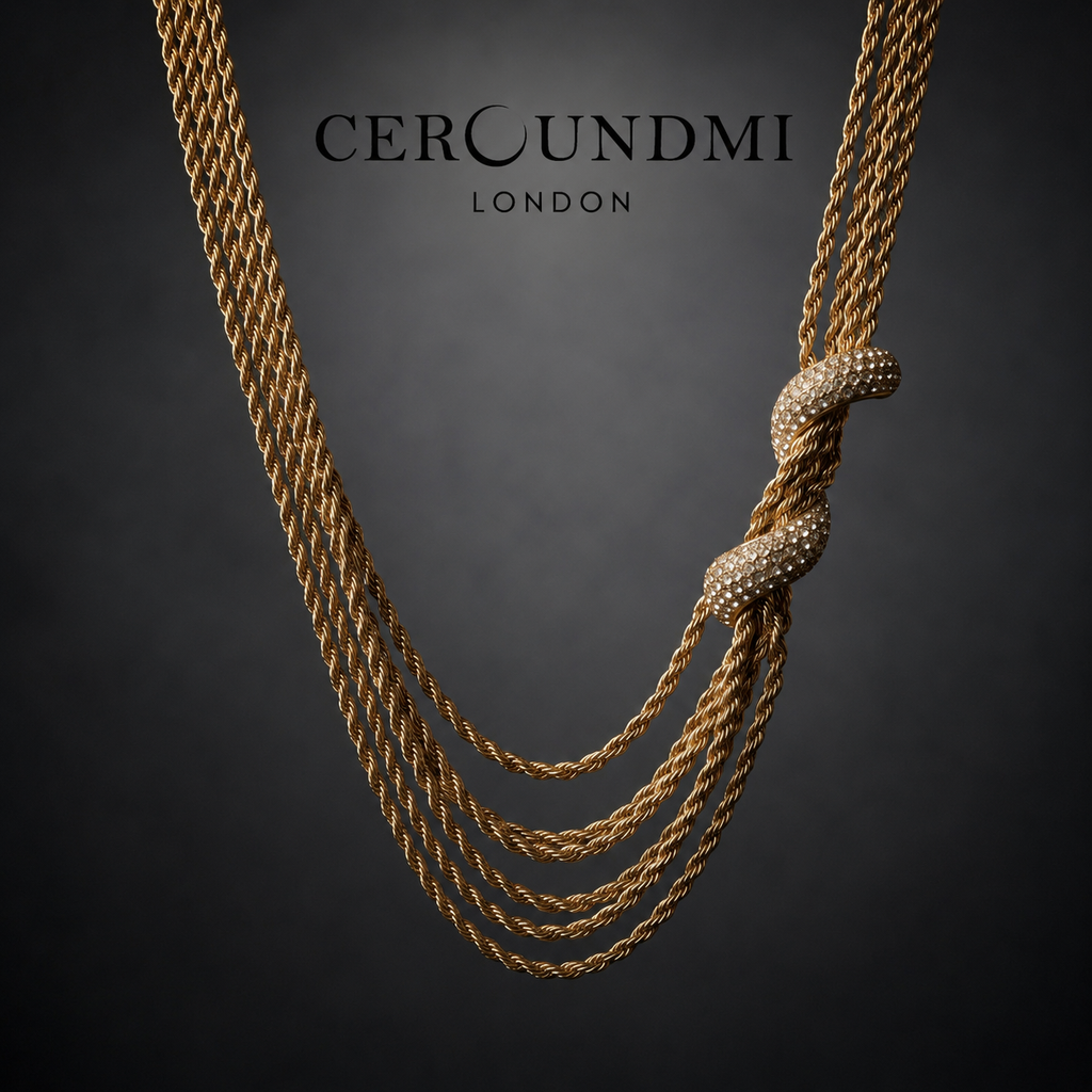 Ceroundmi London gold multi-strand rope chain necklace with pavé crystal knot and tassel ends, displayed on dark background
