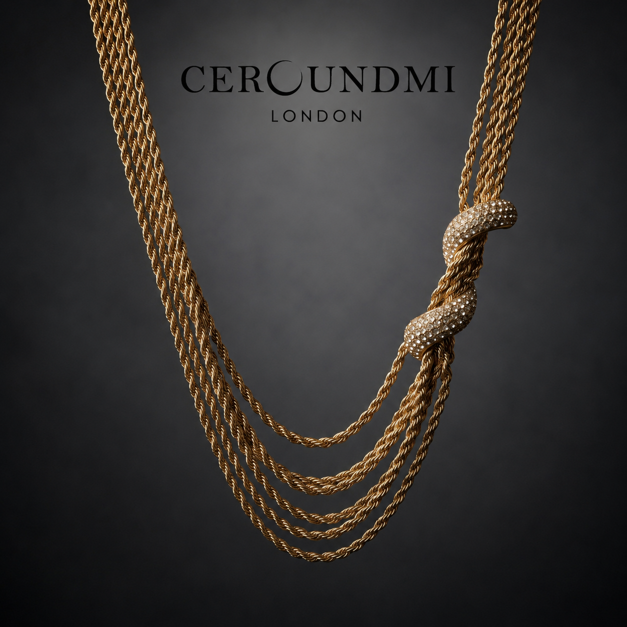 Ceroundmi London gold multi-strand rope chain necklace with pavé crystal knot and tassel ends, displayed on dark background