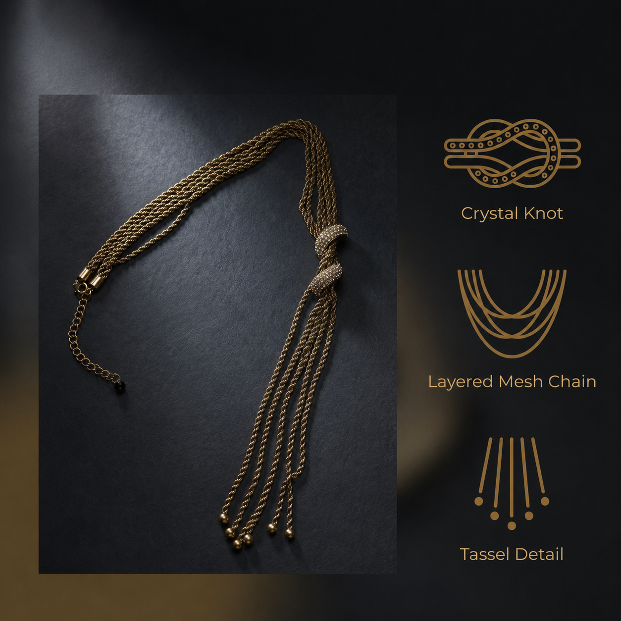 Ceroundmi London crystal knot multi-strand tassel necklace flat lay with feature callouts: crystal knot, layered mesh chain, and tassel detail