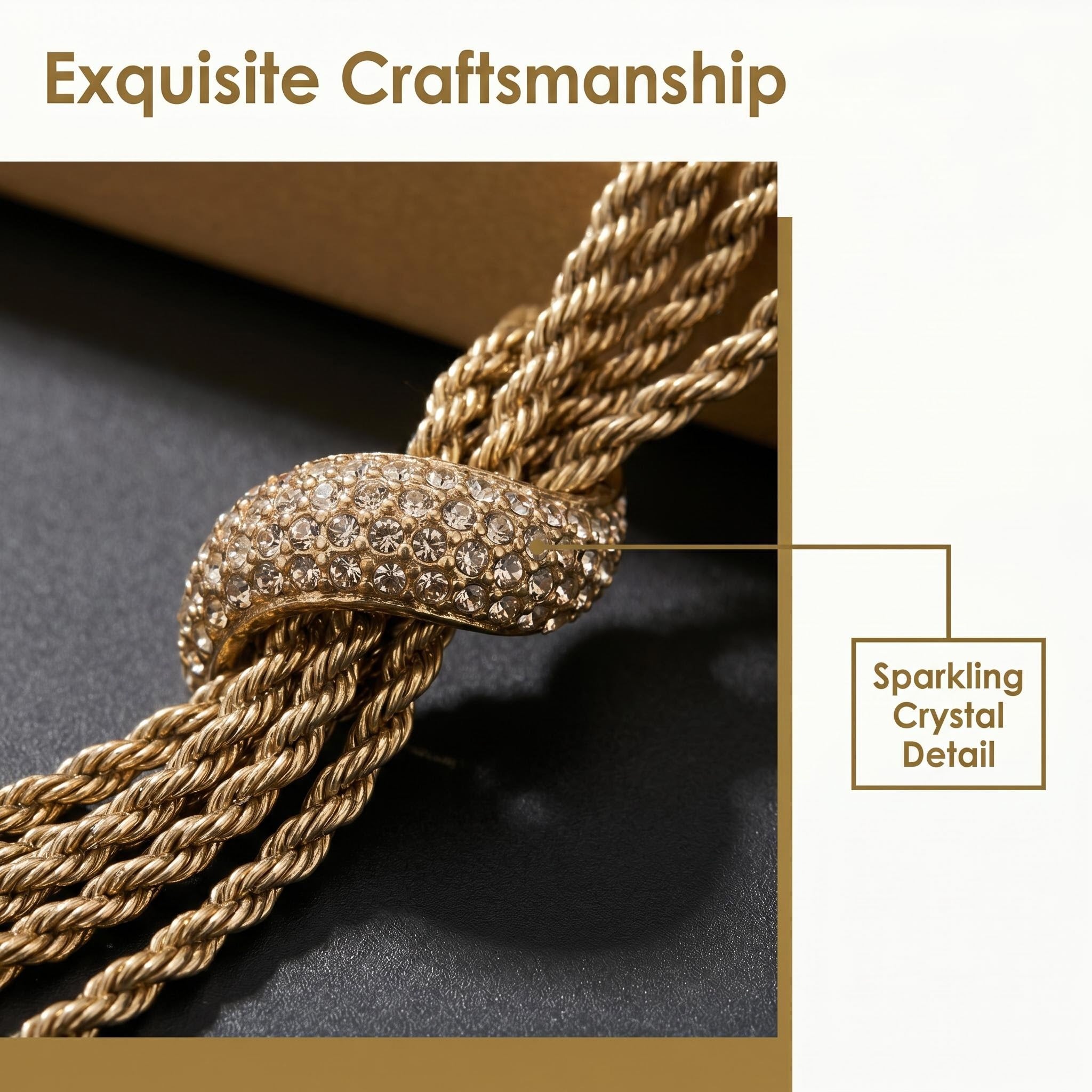 Close-up of pavé crystal knot detail on Ceroundmi London gold rope chain necklace, highlighting sparkling crystal craftsmanship