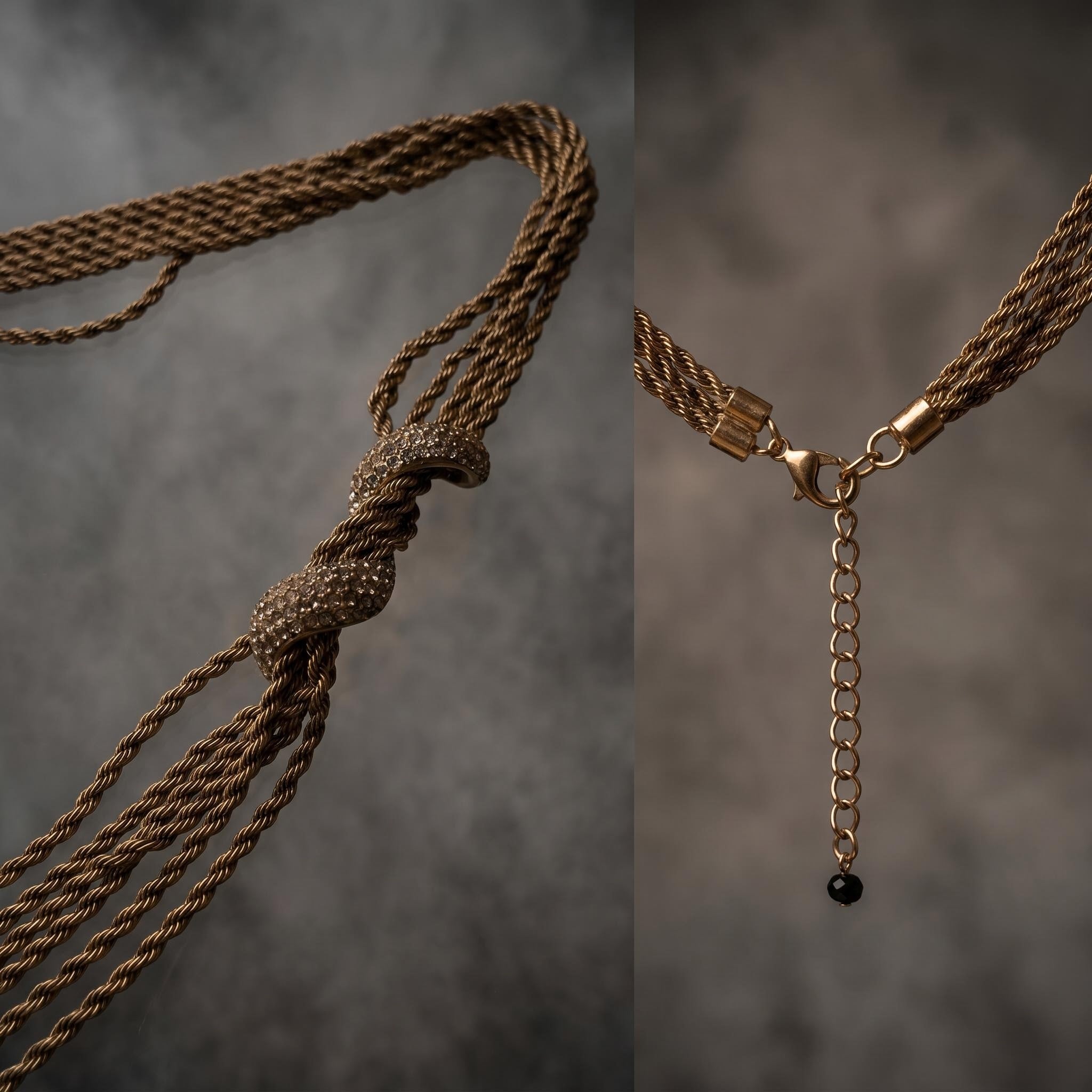 Detail split image of Ceroundmi London crystal knot necklace showing pavé knot close-up and gold lobster clasp with adjustable extender chain