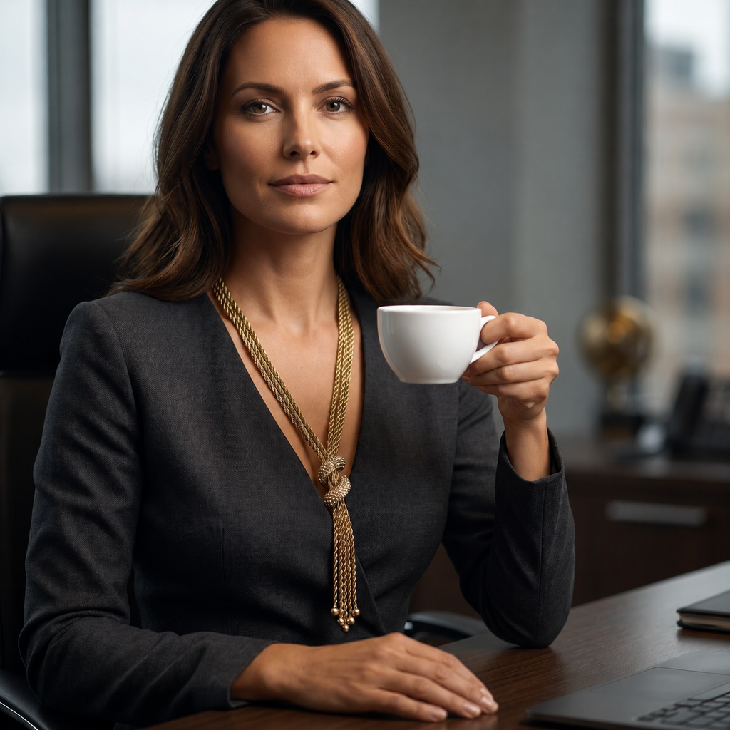 Model wearing Ceroundmi London gold crystal knot tassel necklace with dark blazer in a professional office setting
