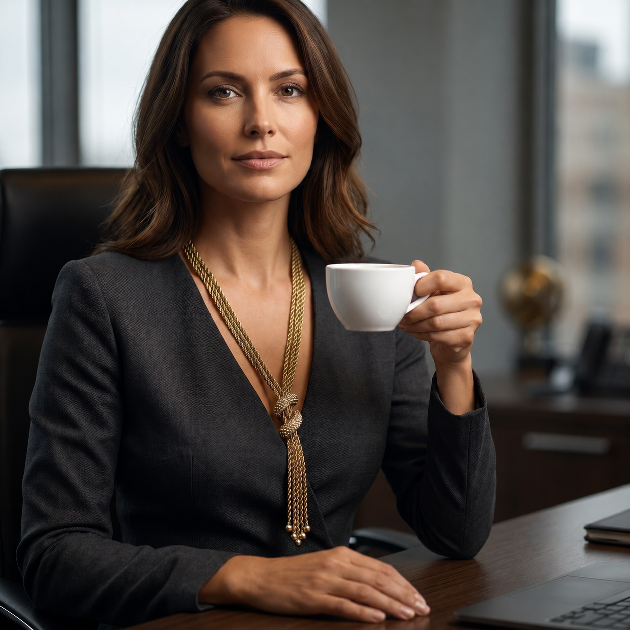 Model wearing Ceroundmi London gold crystal knot tassel necklace with dark blazer in a professional office setting