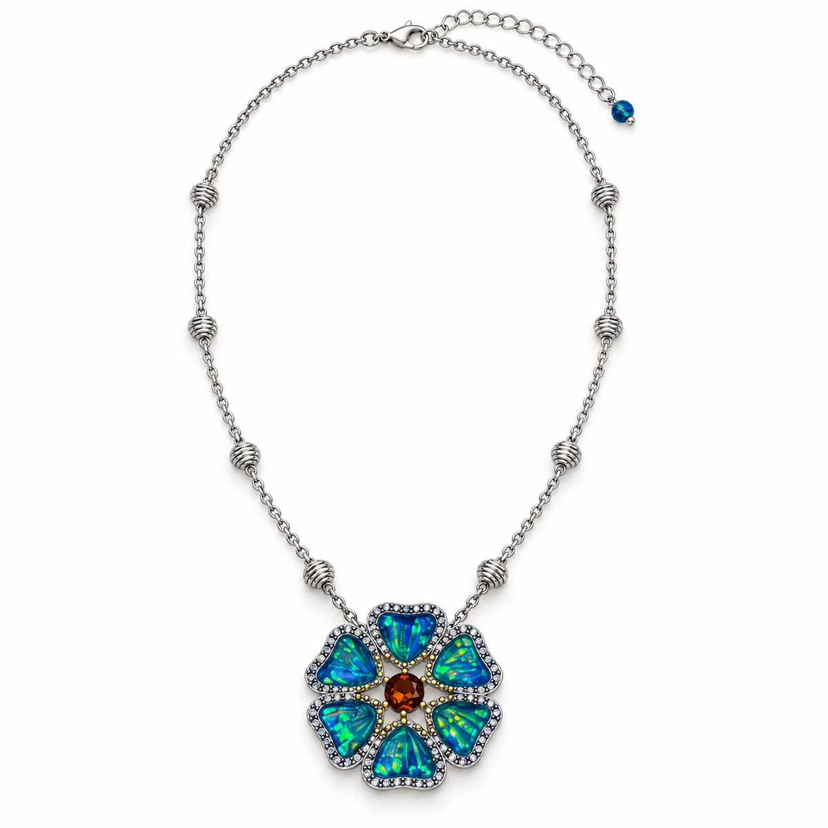 Blue Opal-Effect Floral Pendant Necklace