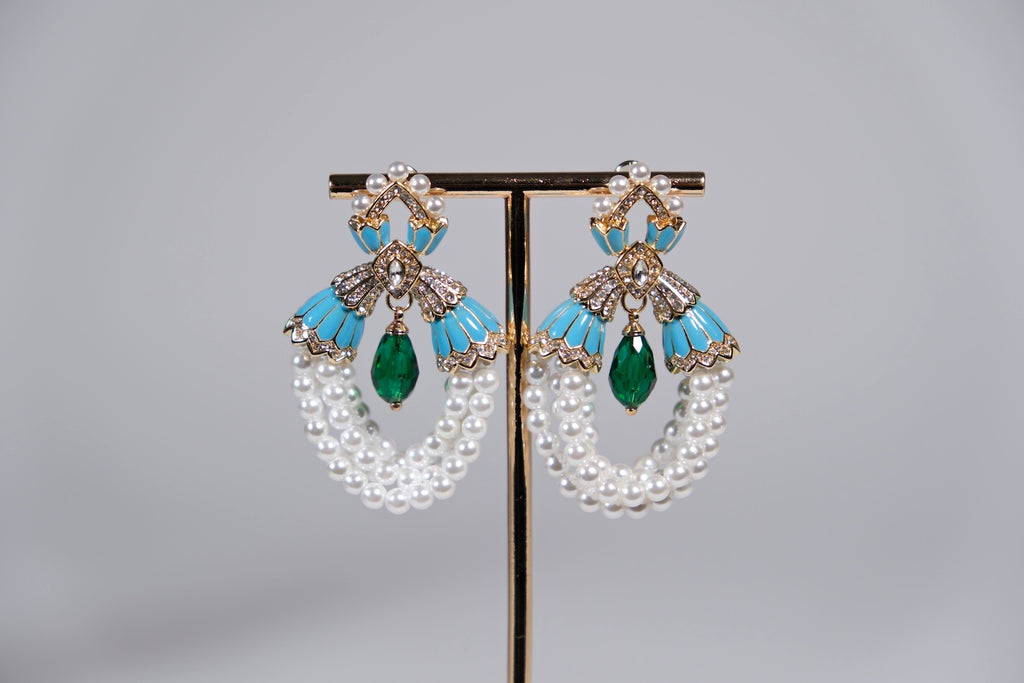 Blue and Pearl Garland Statement Earrings