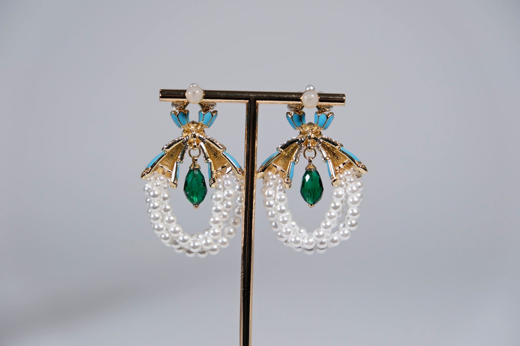 Blue and Pearl Garland Statement Earrings