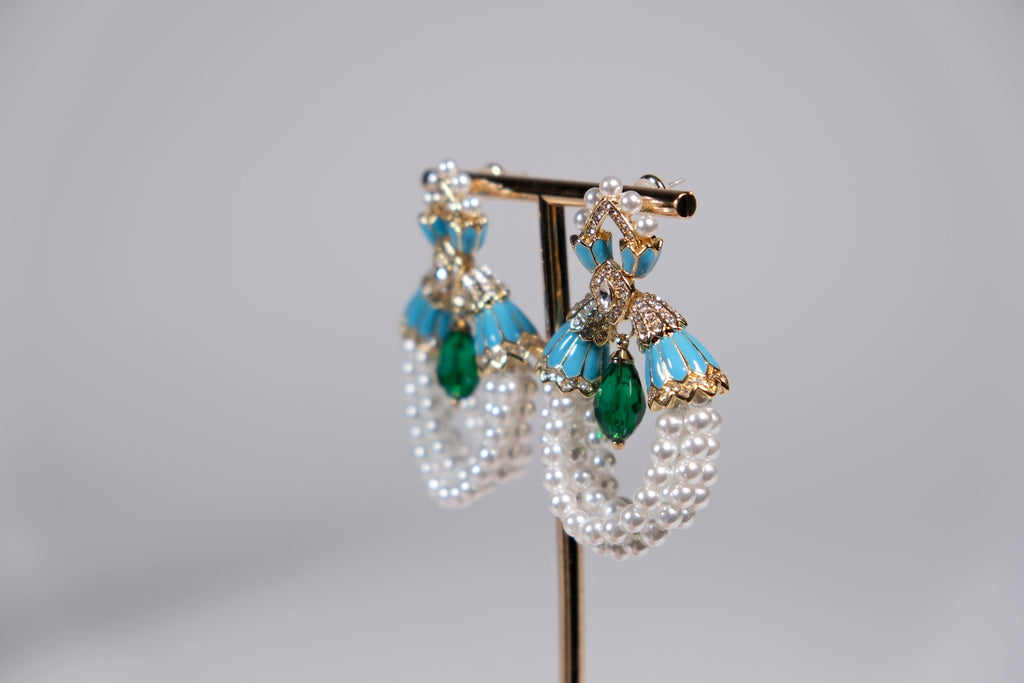 Blue and Pearl Garland Statement Earrings