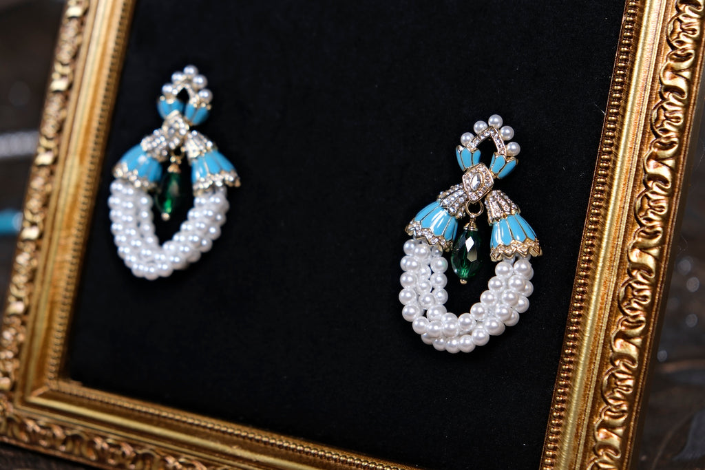 Blue and Pearl Garland Statement Earrings