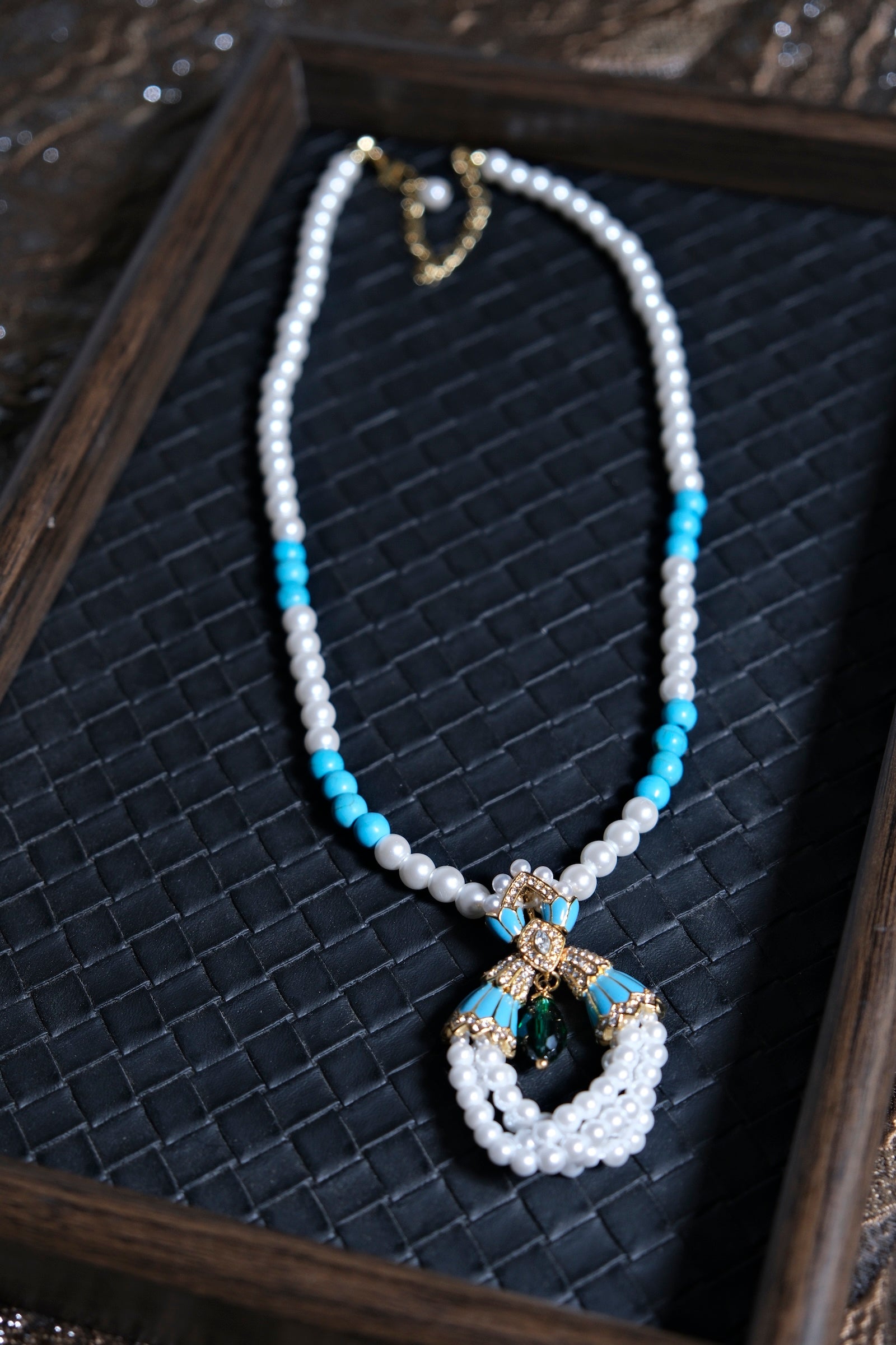 Blue and Pearl Garland Pendant Necklace