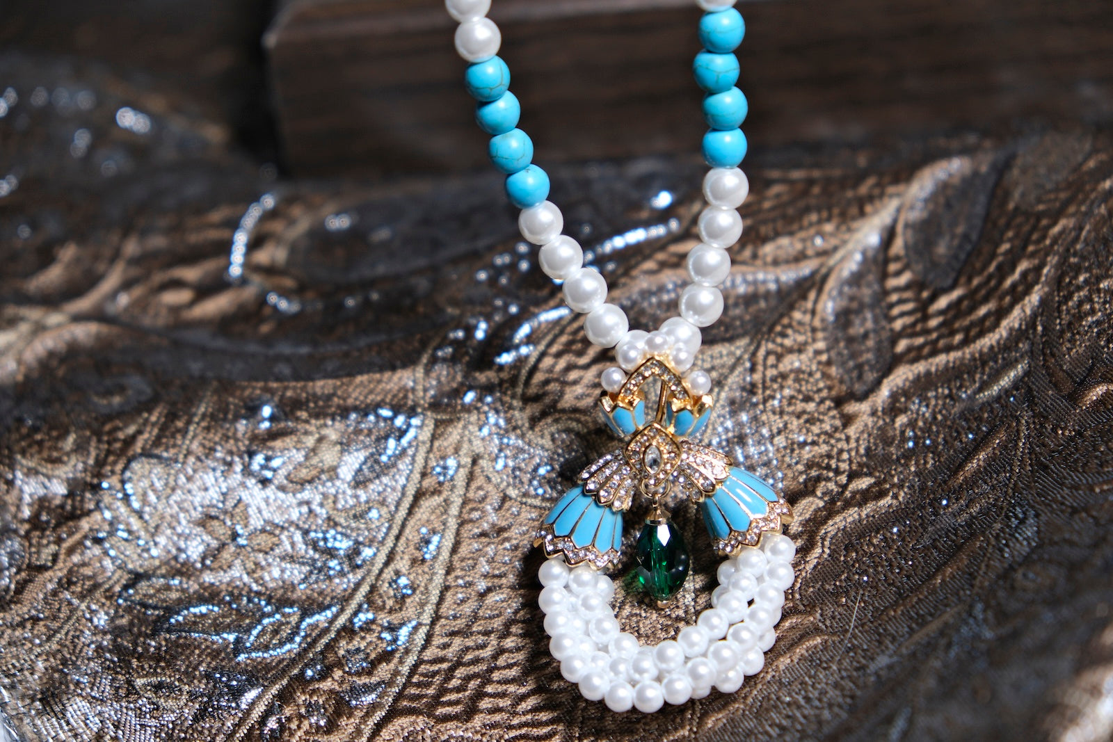 Blue and Pearl Garland Pendant Necklace