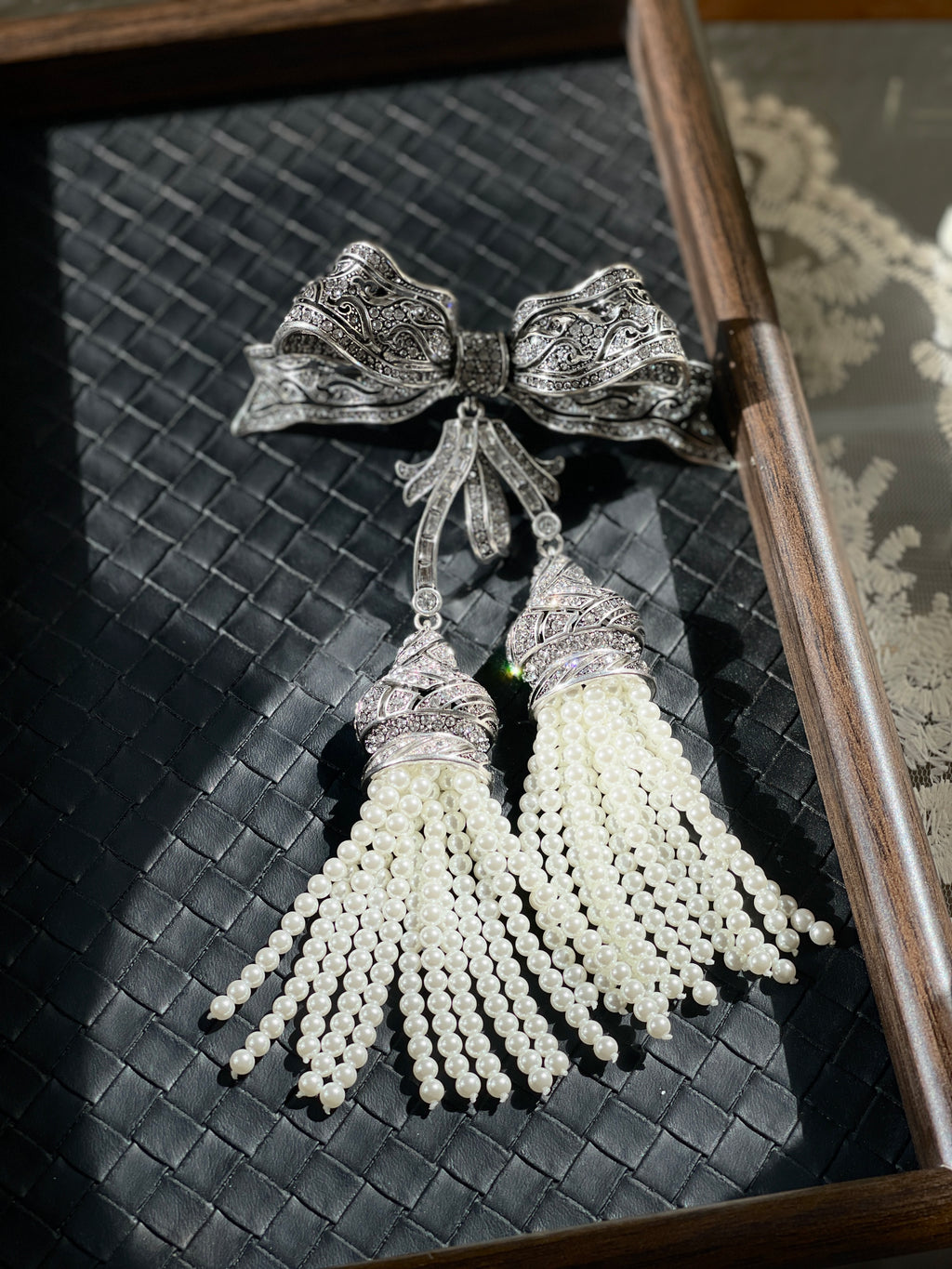 Crystal Bow Pearl Tassel Brooch