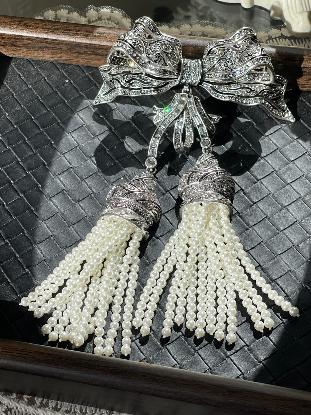 Crystal Bow Pearl Tassel Brooch