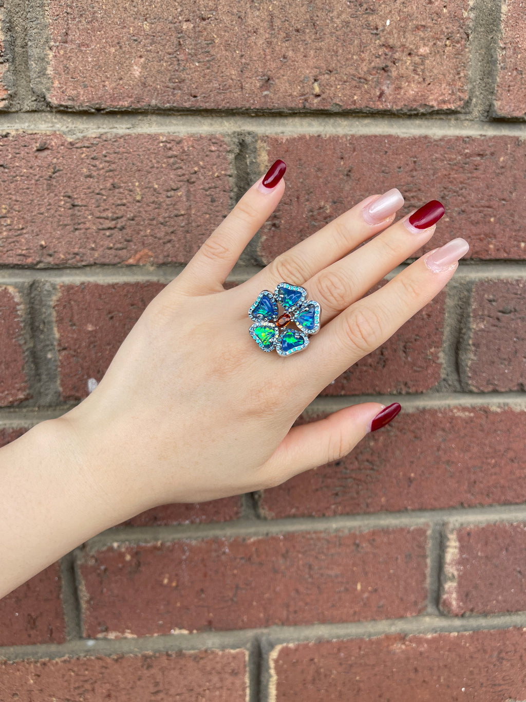Blue Opal-Effect Flower Ring