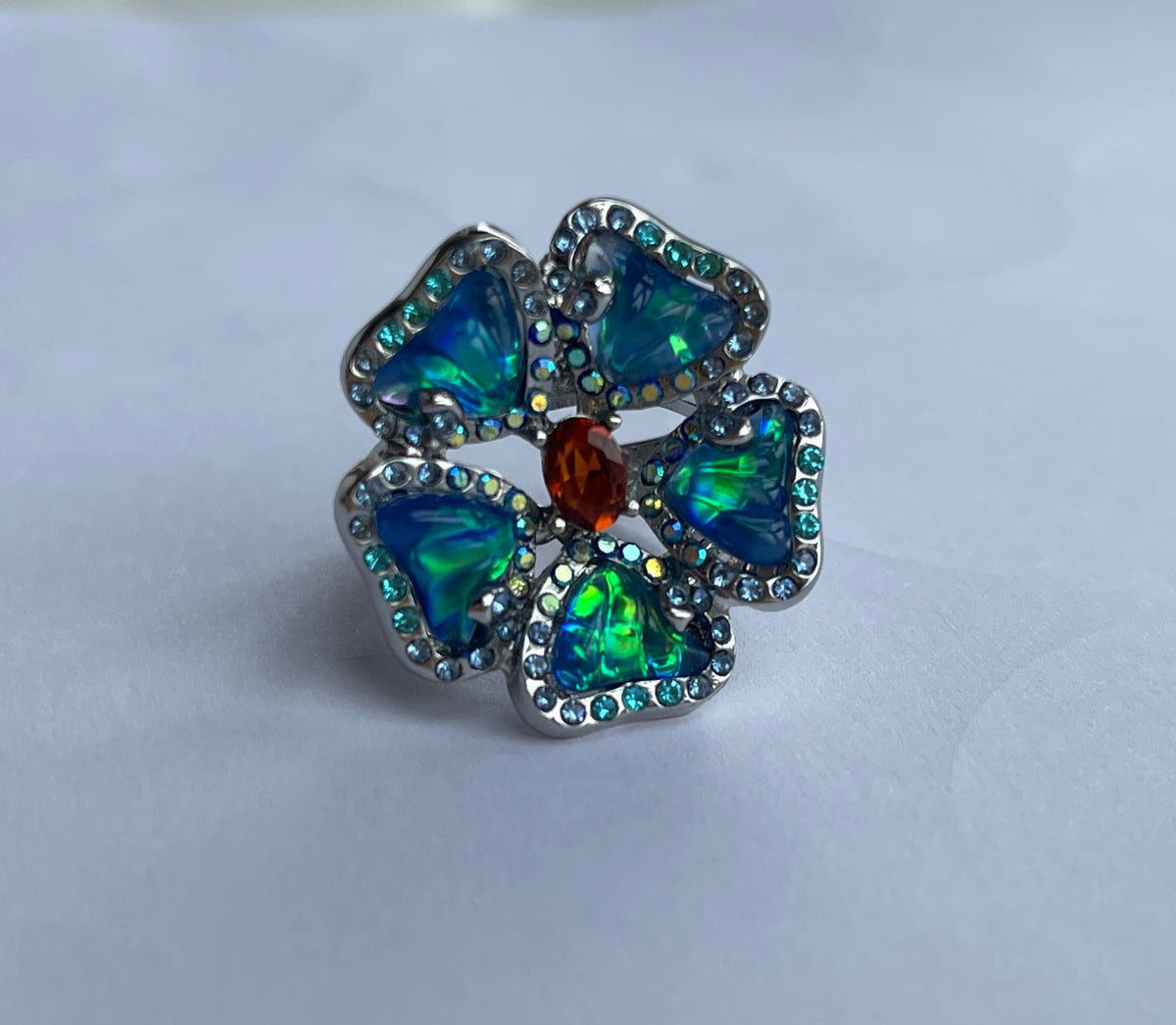 Blue Opal-Effect Flower Ring
