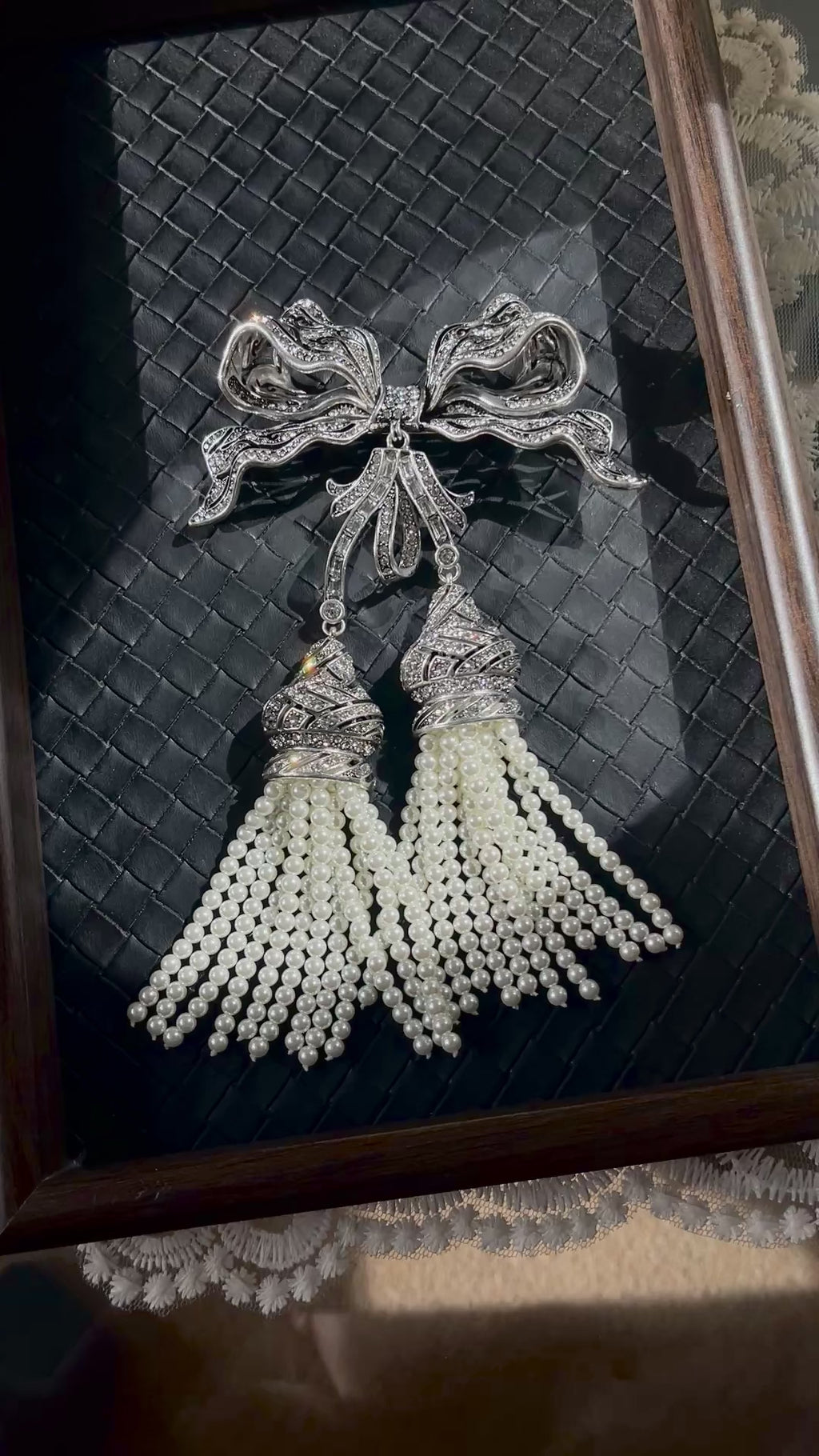 Crystal Bow Pearl Tassel Brooch