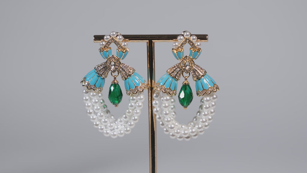 Blue and Pearl Garland Statement Earrings
